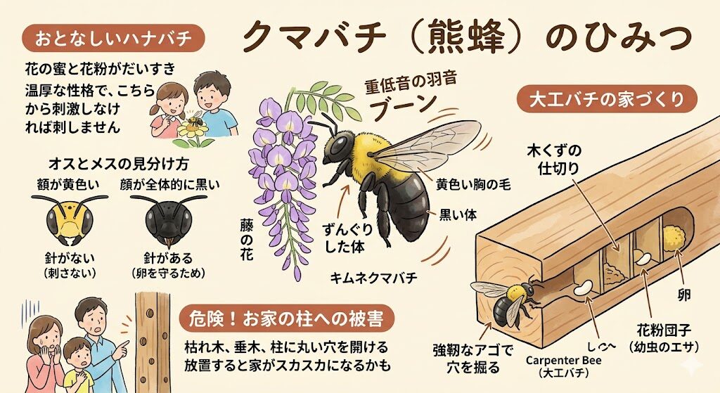 イラストによるクマバチとクマバチの巣の解説