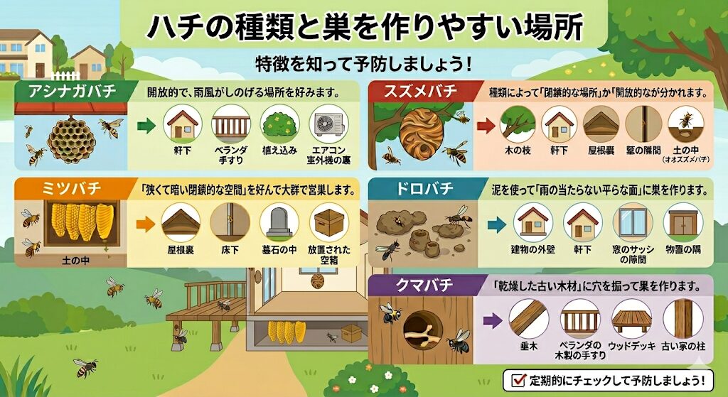 イラスト解説によるハチの種類による営巣場所の違い