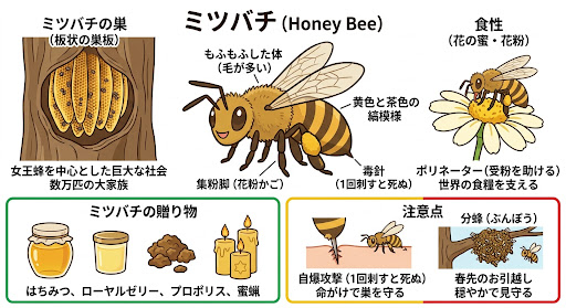 イラストによるミツバチの解説