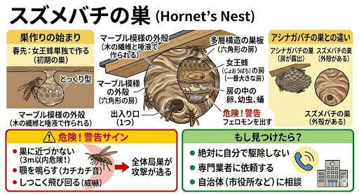 イラストによるスズメバチの巣の解説