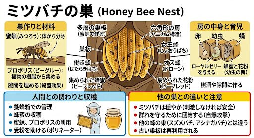 イラストによるミツバチの巣の解説